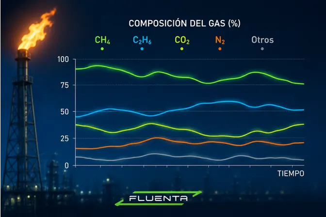 Gráfica de composición variable del gas FLUENTA a lo largo del tiempo