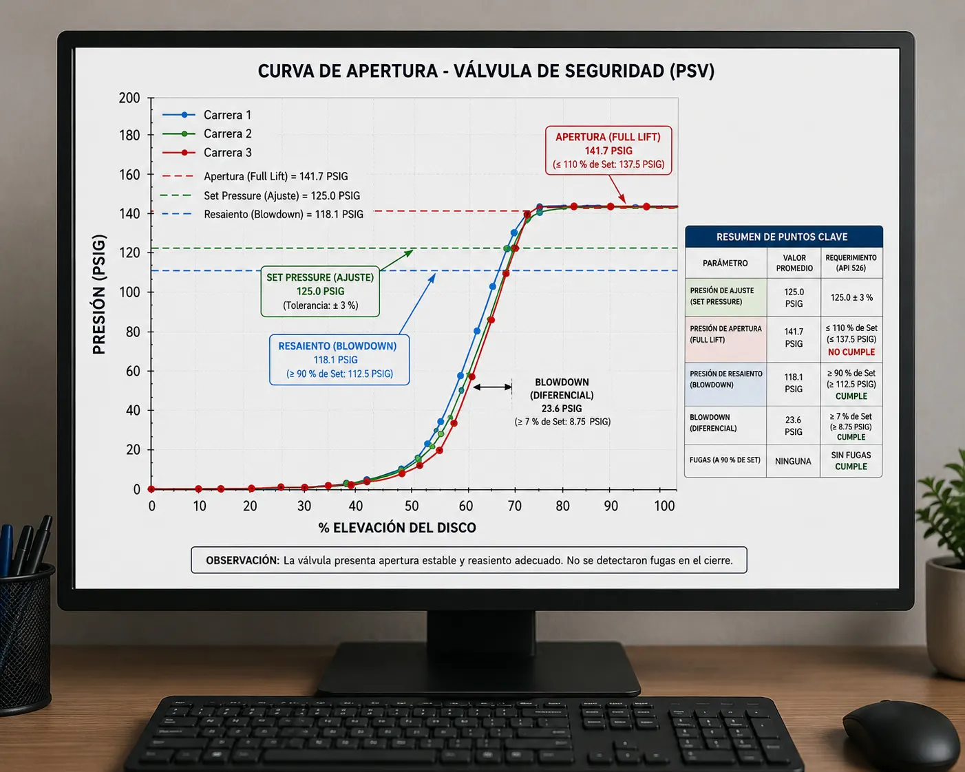 Curva de apertura de una válvula de seguridad PSV en monitor